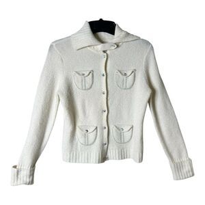 Lucidity Womens Wool Blend Cream Rhinestone Button Quiet Luxury Cardigan Large